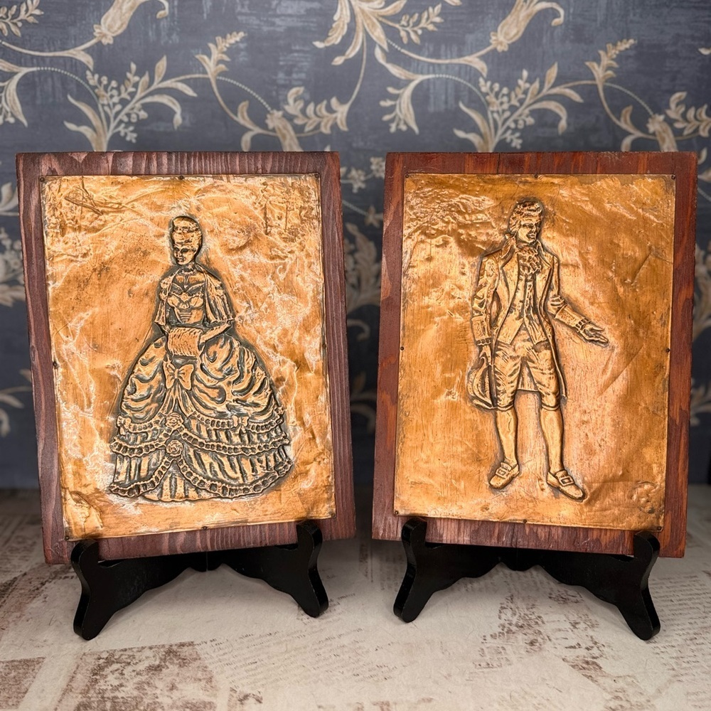 Vintage Copper Relief Wall Plaques Colonial Man & Woman on Wood (Pair)